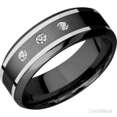 "8 mm wide/High Bevel/Zirconium band with  two 1 mm Wide inlays of 14K White Gold and featuring an  arrangement of 3, 05 carat Round Diamond (ST) stones in a Flush setting"